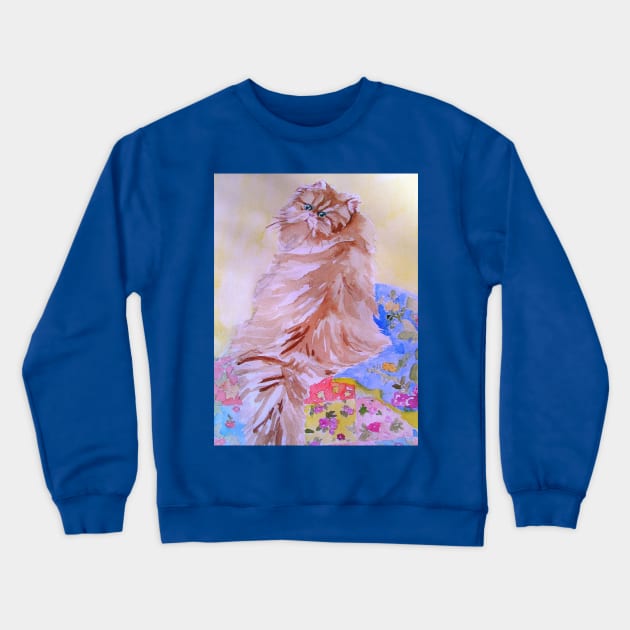 Cat On A Patchwork Quilt Watercolor Art Painting Crewneck Sweatshirt by SarahRajkotwala